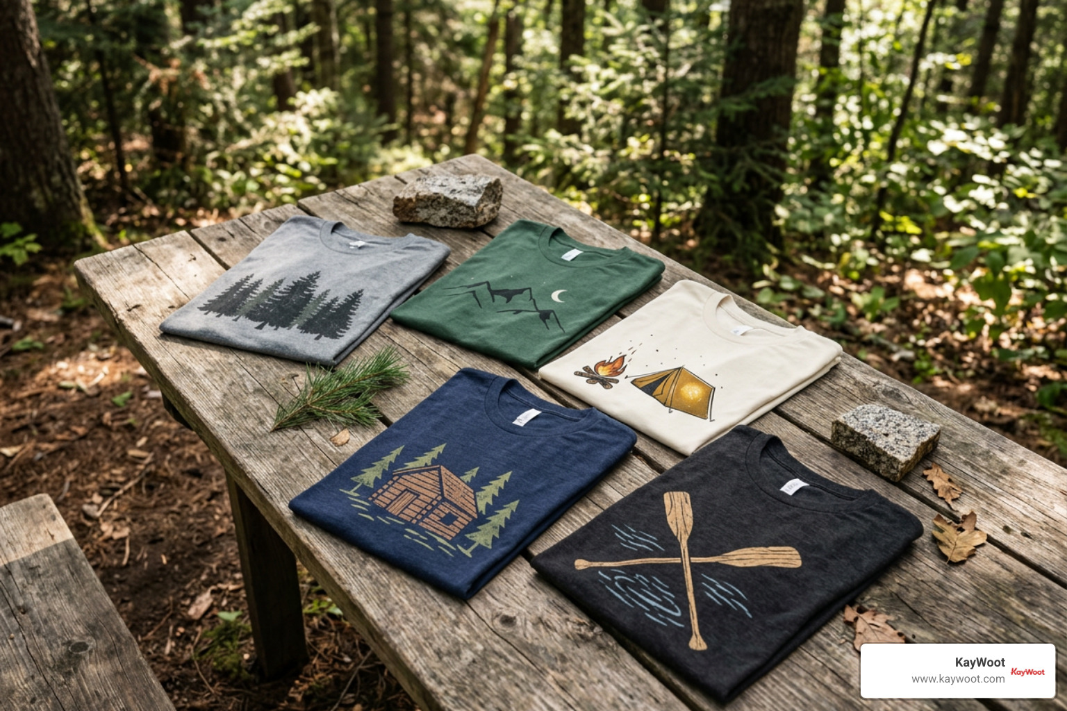 Collection of graphic tees showcasing forest designs, woodsy slogans, and campfire artwork Collection of graphic tees showcasing forest designs, woodsy slogans, and campfire artwork