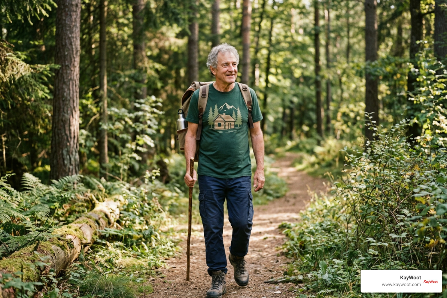 Outdoorsy retiree wearing a graphic cabin shirt while walking along a forest path Outdoorsy retiree wearing a graphic cabin shirt while walking along a forest path
