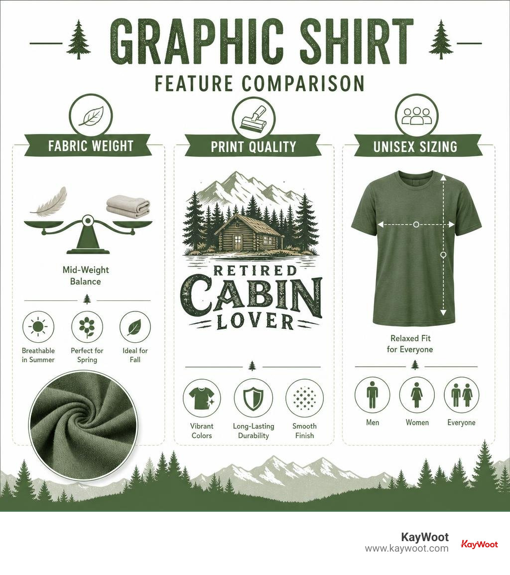 Comparison breakdown of graphic shirt features including fabric weight, print quality, and unisex sizing infographic Comparison breakdown of graphic shirt features including fabric weight, print quality, and unisex sizing infographic