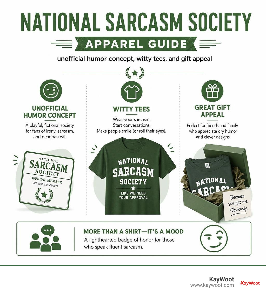 National Sarcasm Society apparel guide: unofficial humor concept, witty tees, and gift appeal infographic National Sarcasm Society apparel guide: unofficial humor concept, witty tees, and gift appeal infographic