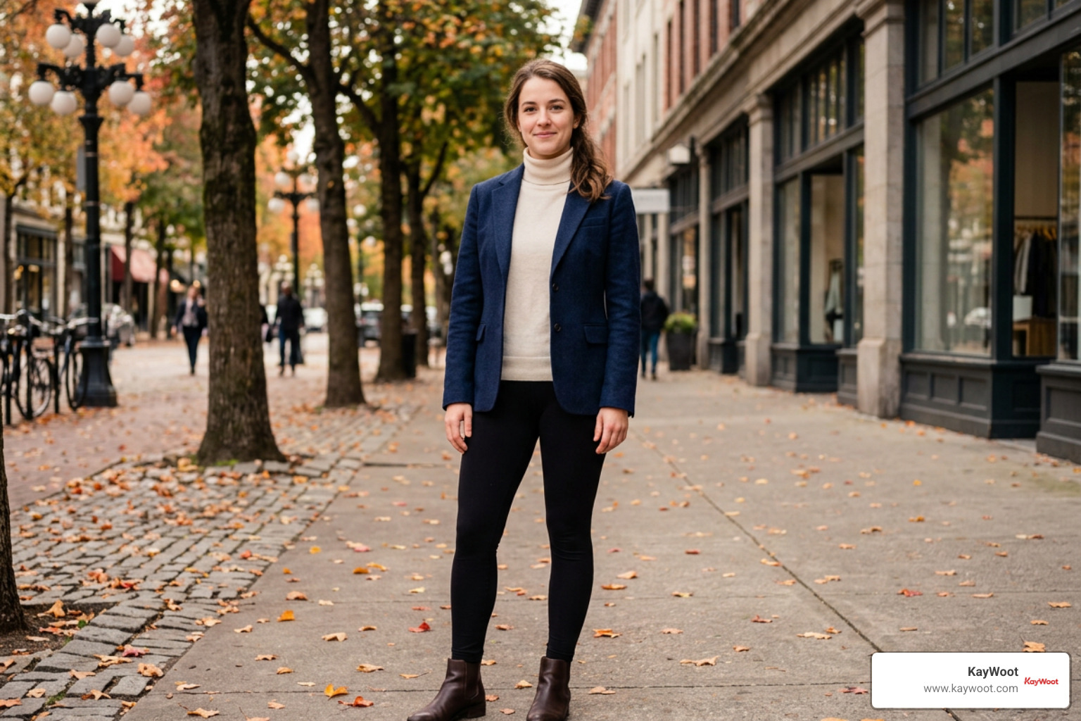 polished casual work outfit pairing dark leggings with tailored blazer polished casual work outfit pairing dark leggings with tailored blazer