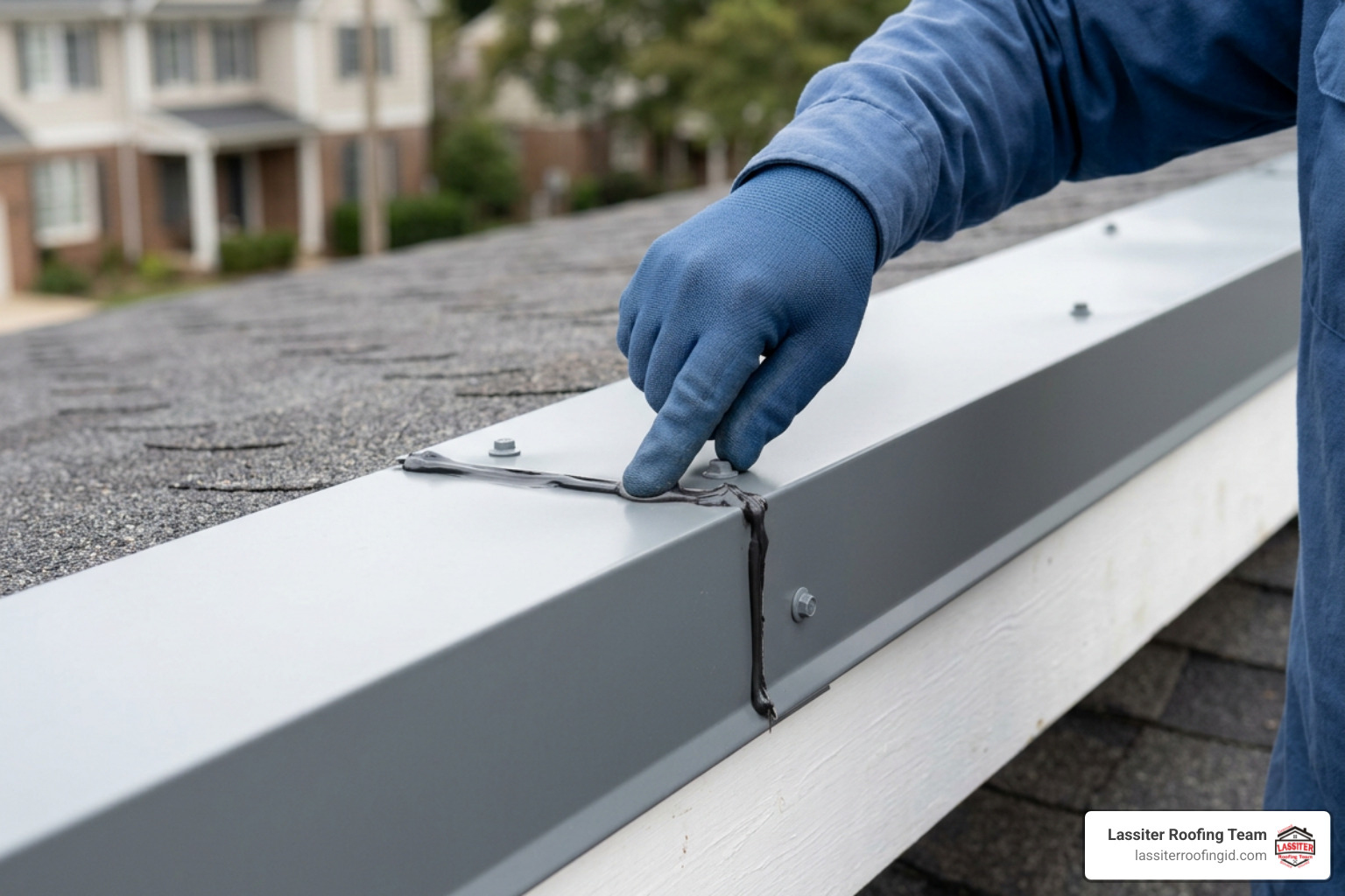 Roof edge inspection checking metal cap flashing fasteners and seals