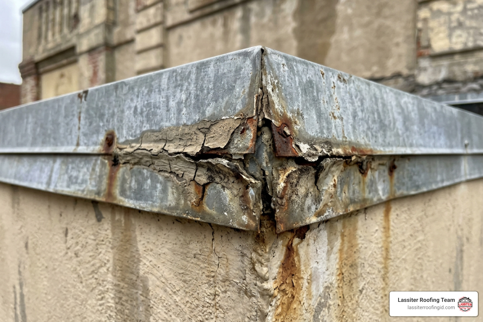 Compromised metal cap flashing joint showing sealant degradation and rust