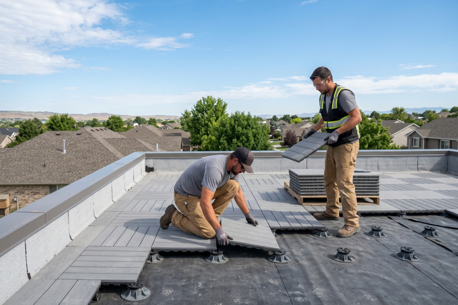 interlocking roof deck pavers being installed interlocking roof deck pavers being installed