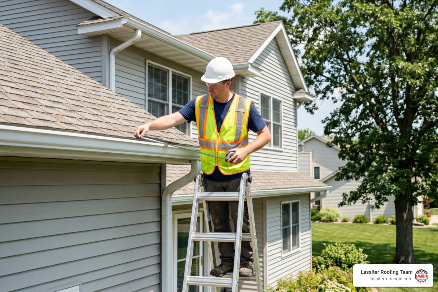Contractor inspecting roofline and measuring eaves for gutter replacement Contractor inspecting roofline and measuring eaves for gutter replacement