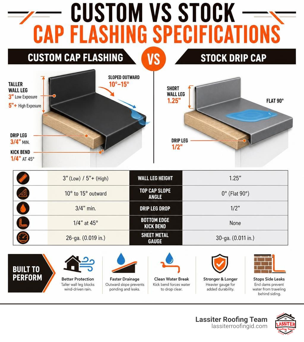 Comparison of stock vs custom cap flashing specifications infographic