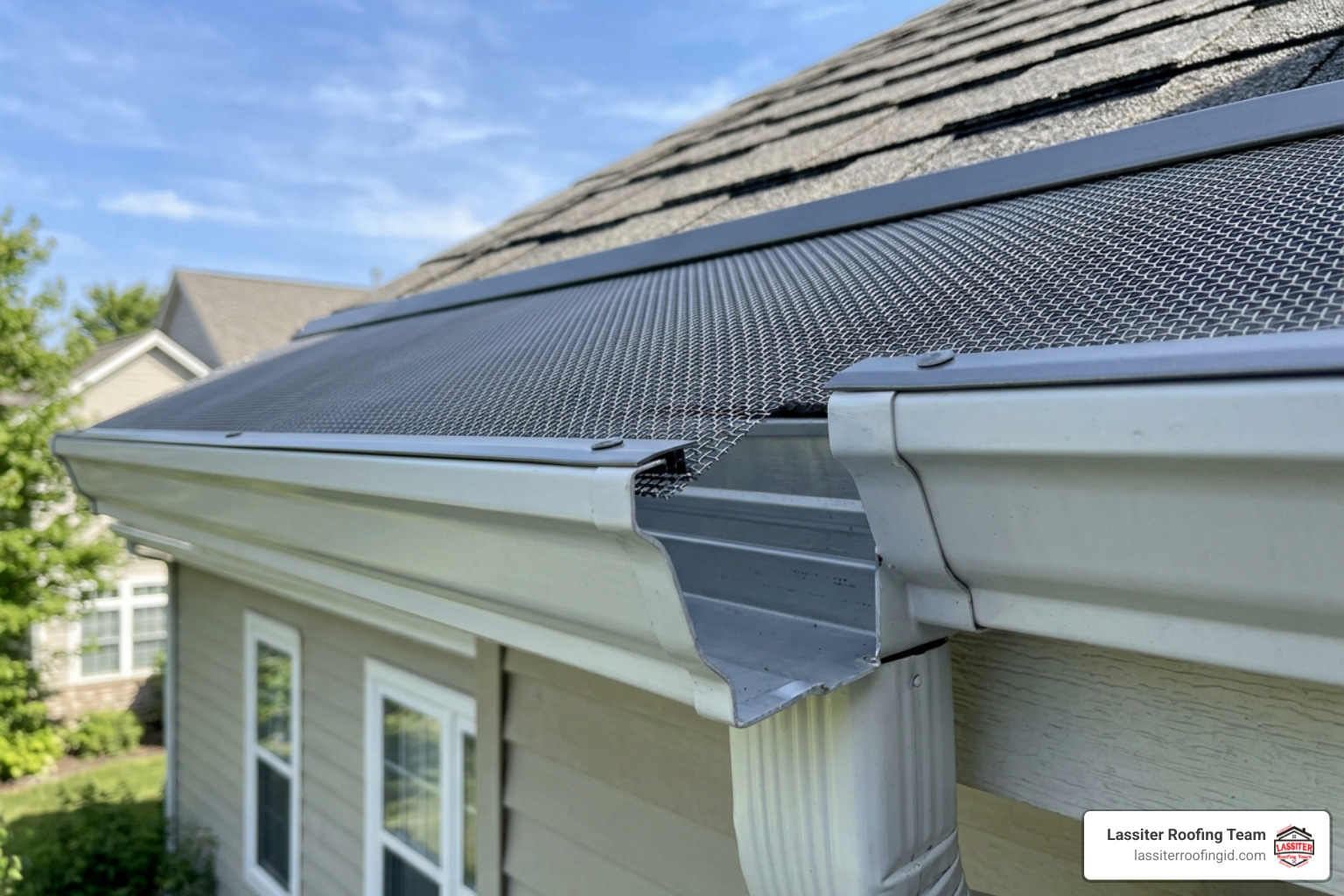 Mesh gutter guards fitted cleanly over custom aluminum seamless gutters Mesh gutter guards fitted cleanly over custom aluminum seamless gutters