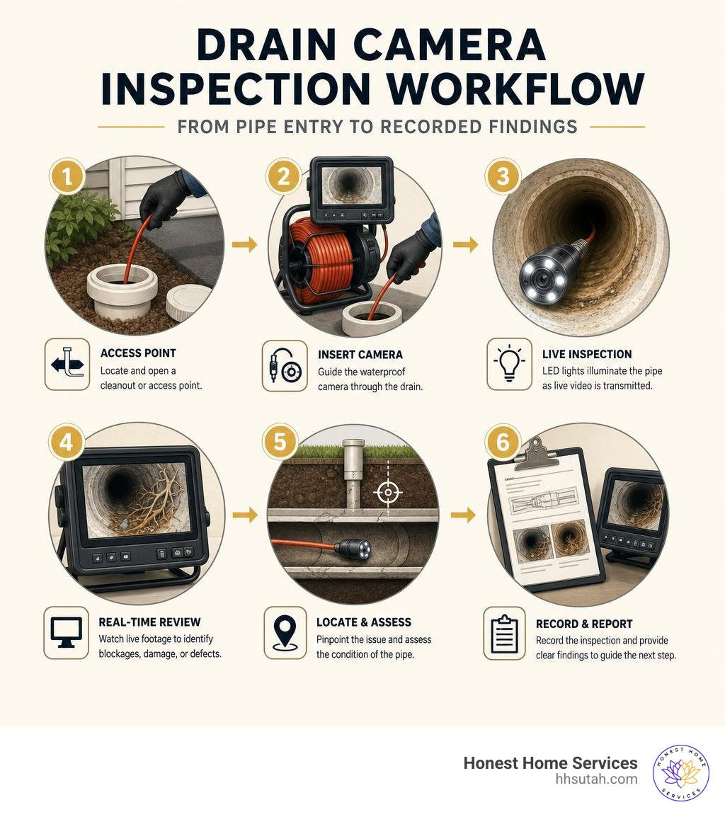 Drain camera inspection workflow from pipe entry to recorded findings infographic Drain camera inspection workflow from pipe entry to recorded findings infographic