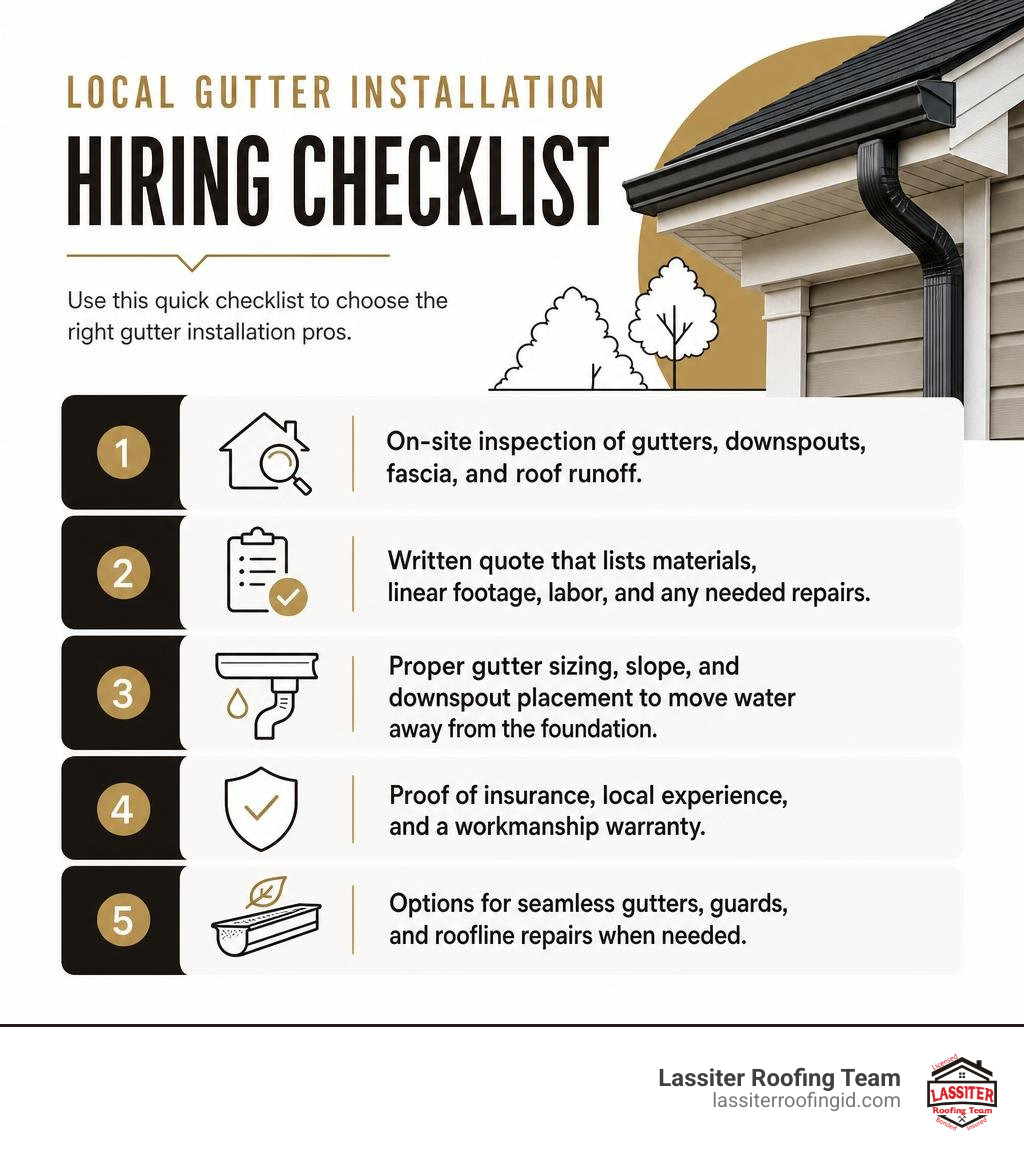 Local gutter installation hiring checklist infographic Local gutter installation hiring checklist infographic