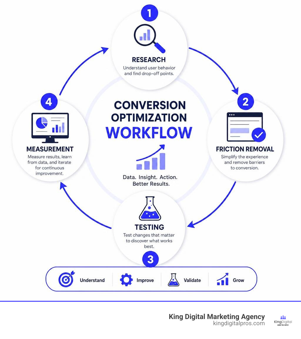 Conversion optimization workflow: research, friction removal, testing, measurement infographic Conversion Optimization Workflow: Research, Friction Removal, Testing, Measurement Infographic