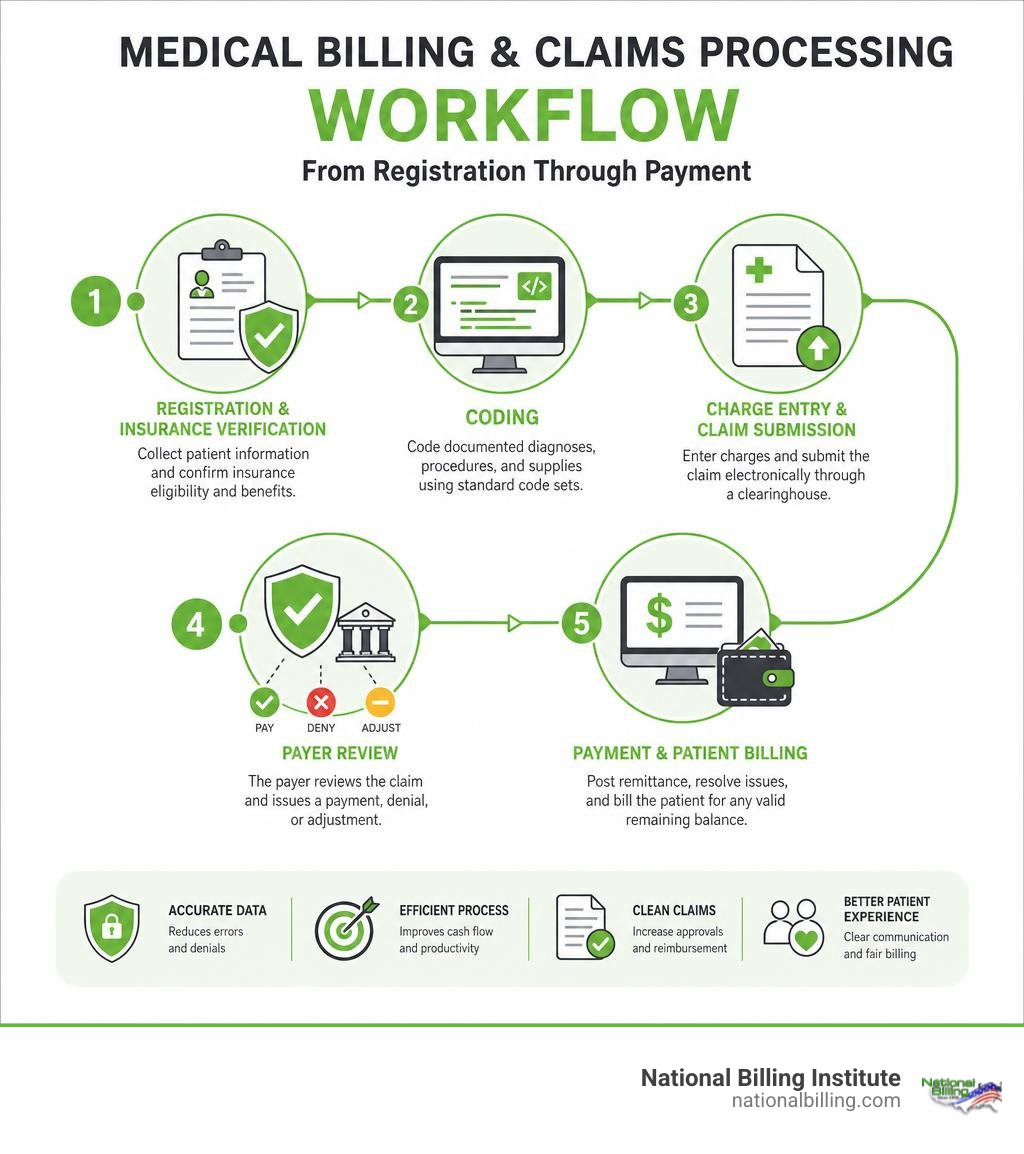 Medical billing and claims processing workflow from registration through payment infographic Medical billing and claims processing workflow from registration through payment infographic