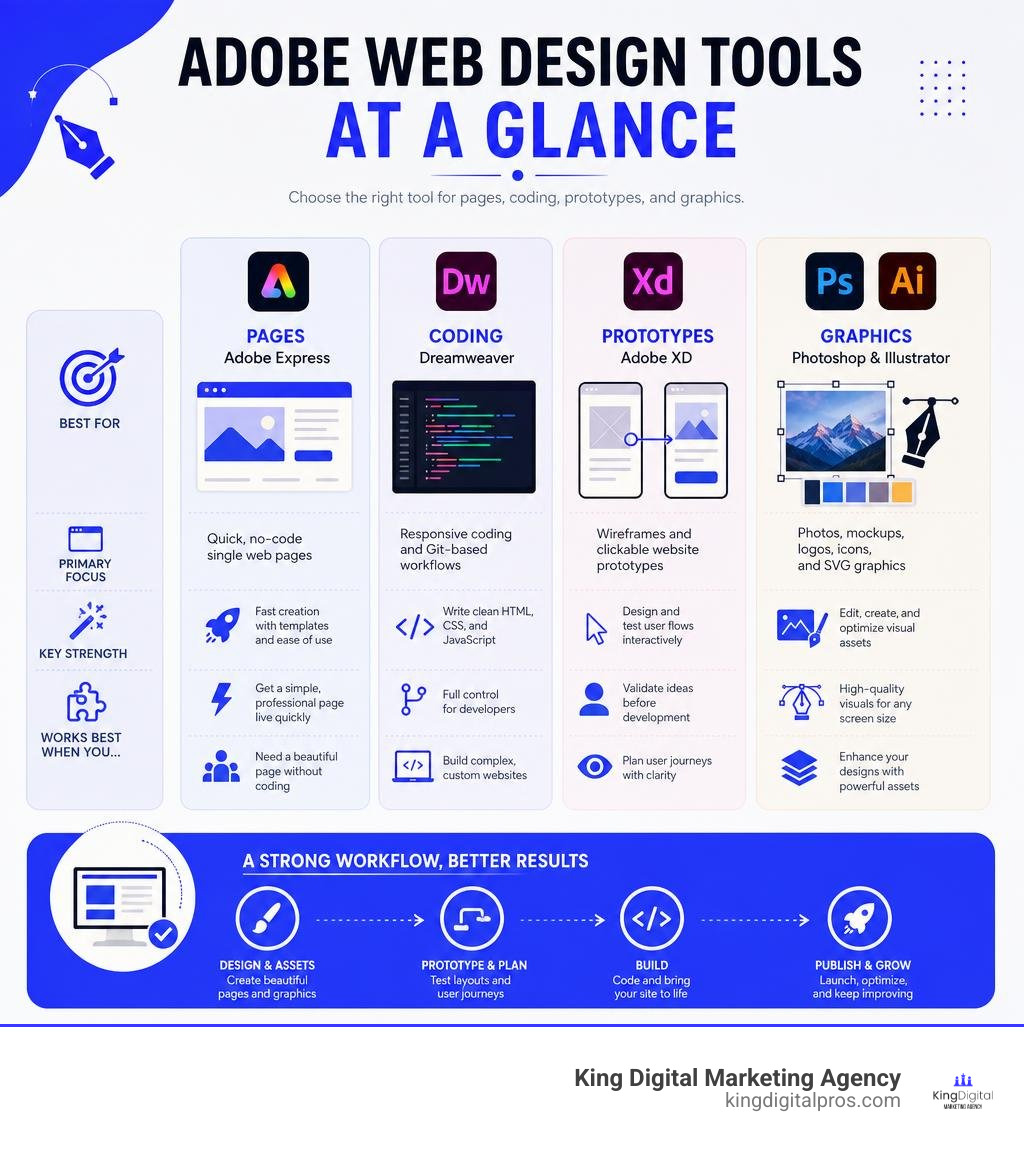 Adobe Web Design Tool Comparison For Pages, Coding, Prototypes, And Graphics Infographic