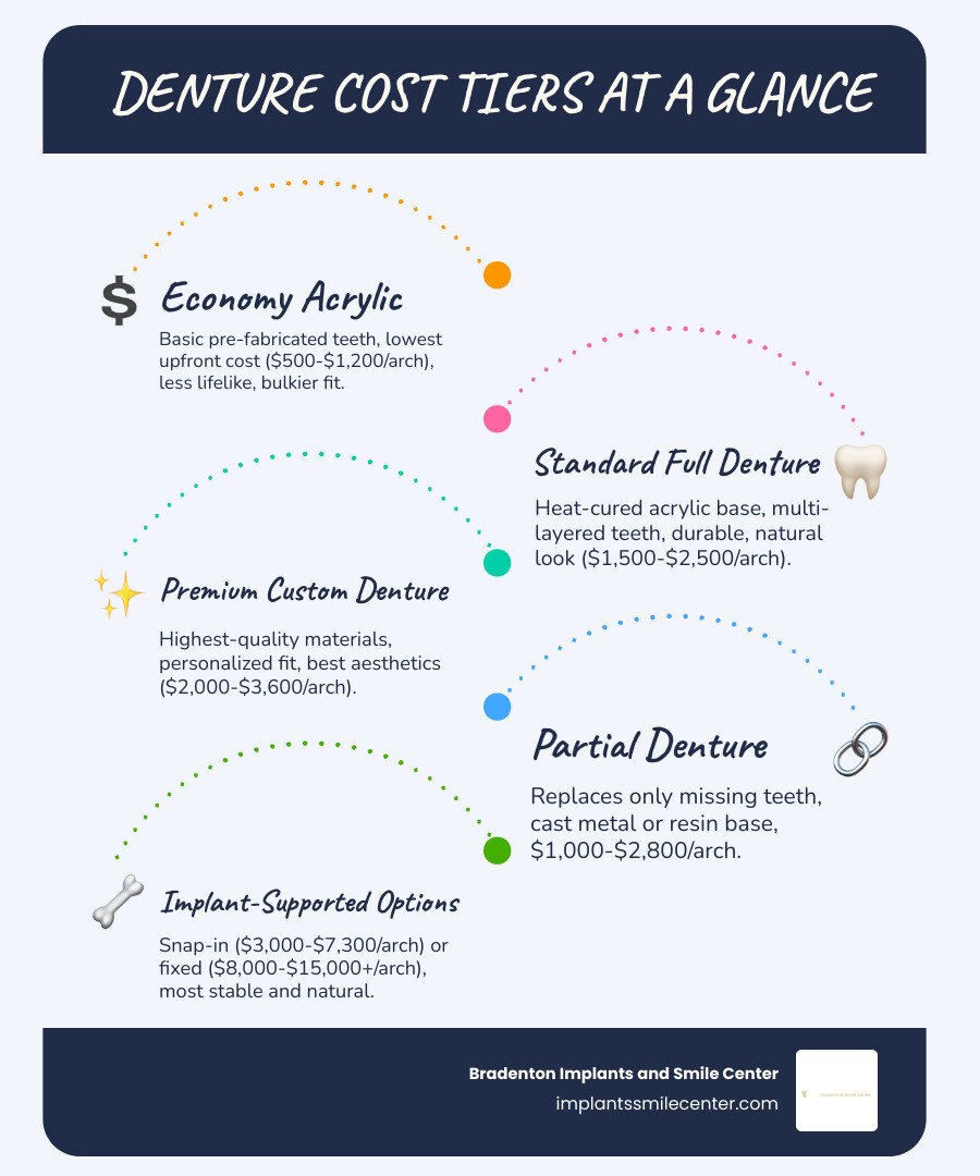 Denture cost ranges by type and per arch infographic