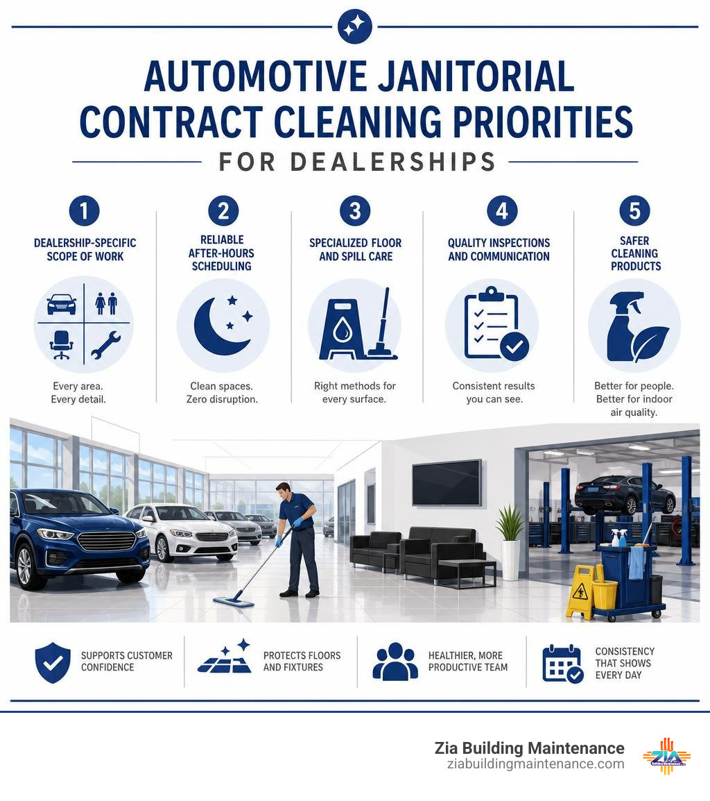 Automotive janitorial contract cleaning priorities for dealerships infographic Automotive janitorial contract cleaning priorities for dealerships infographic