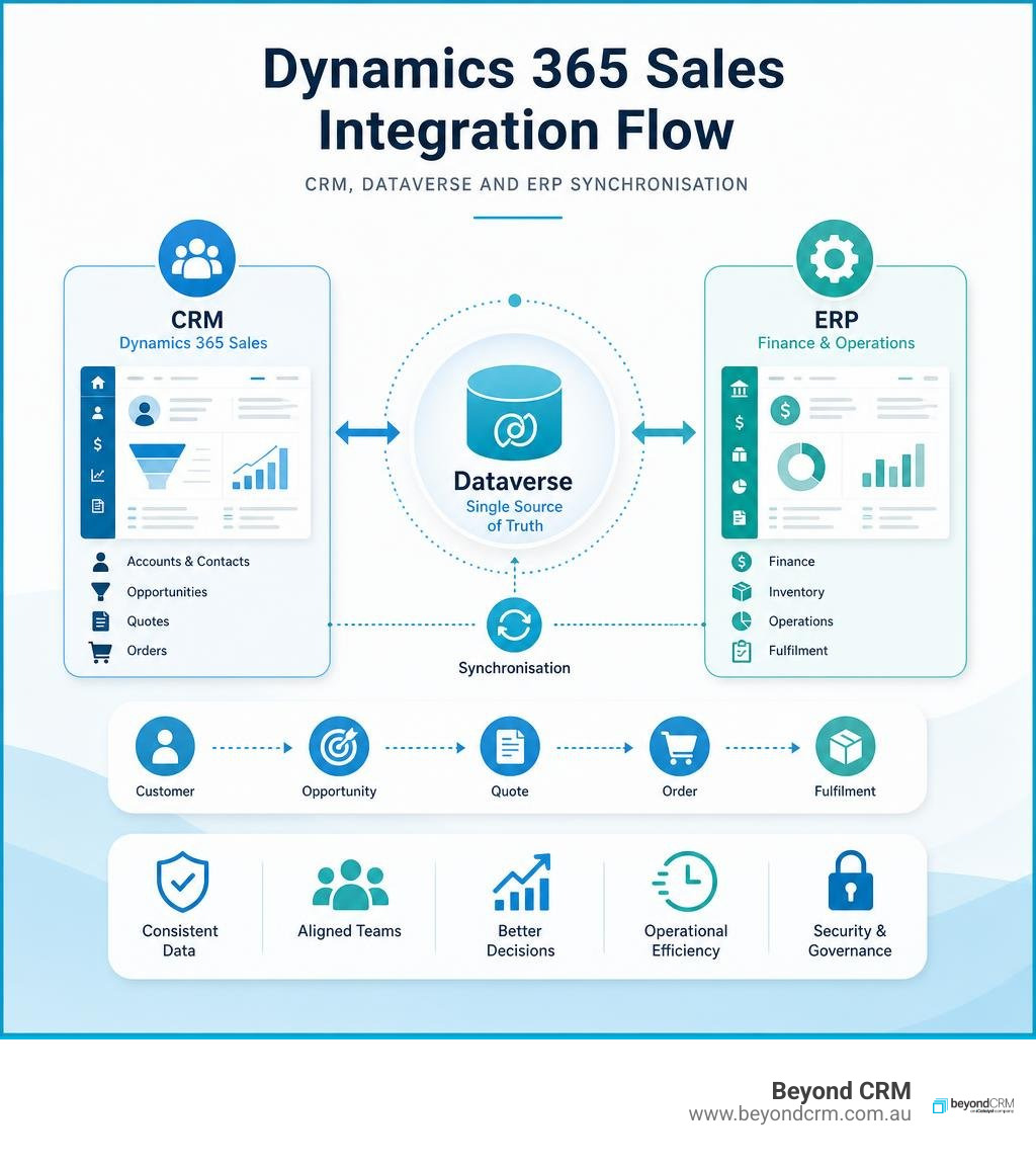 Dynamics 365 Sales integration flow showing CRM, Dataverse and ERP synchronisation infographic