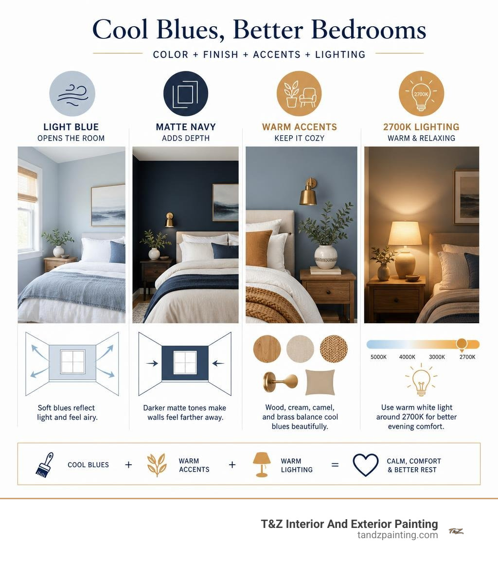 Infographic showing light blue openness, matte navy depth, warm accents, and 2700K lighting infographic Infographic showing light blue openness, matte navy depth, warm accents, and 2700K lighting infographic