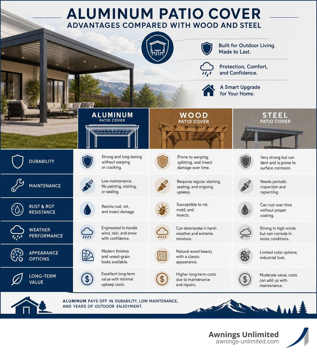 Aluminum patio cover advantages compared with wood and steel infographic Aluminum patio cover advantages compared with wood and steel infographic