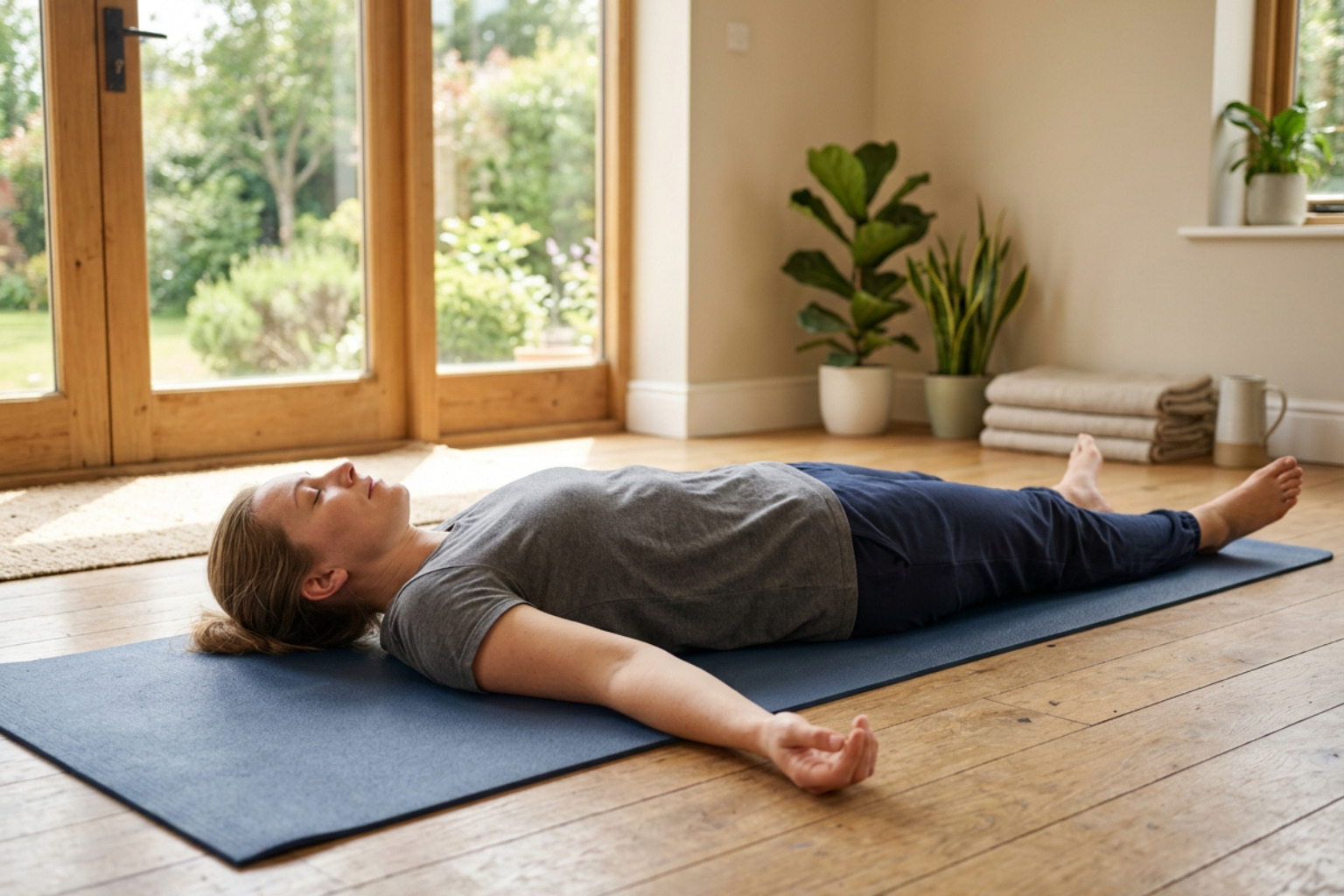 Person doing a guided body scan exercise in a bright room