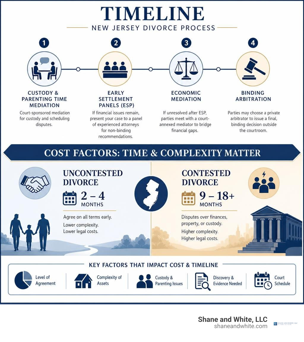 Timeline and Cost Factors for New Jersey Divorce infographic Timeline and Cost Factors for New Jersey Divorce infographic