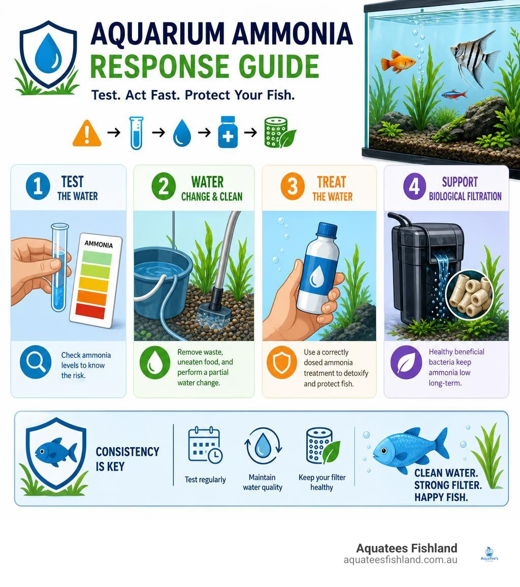 Aquarium ammonia response infographic showing testing water changes treatment and biological filtration infographic