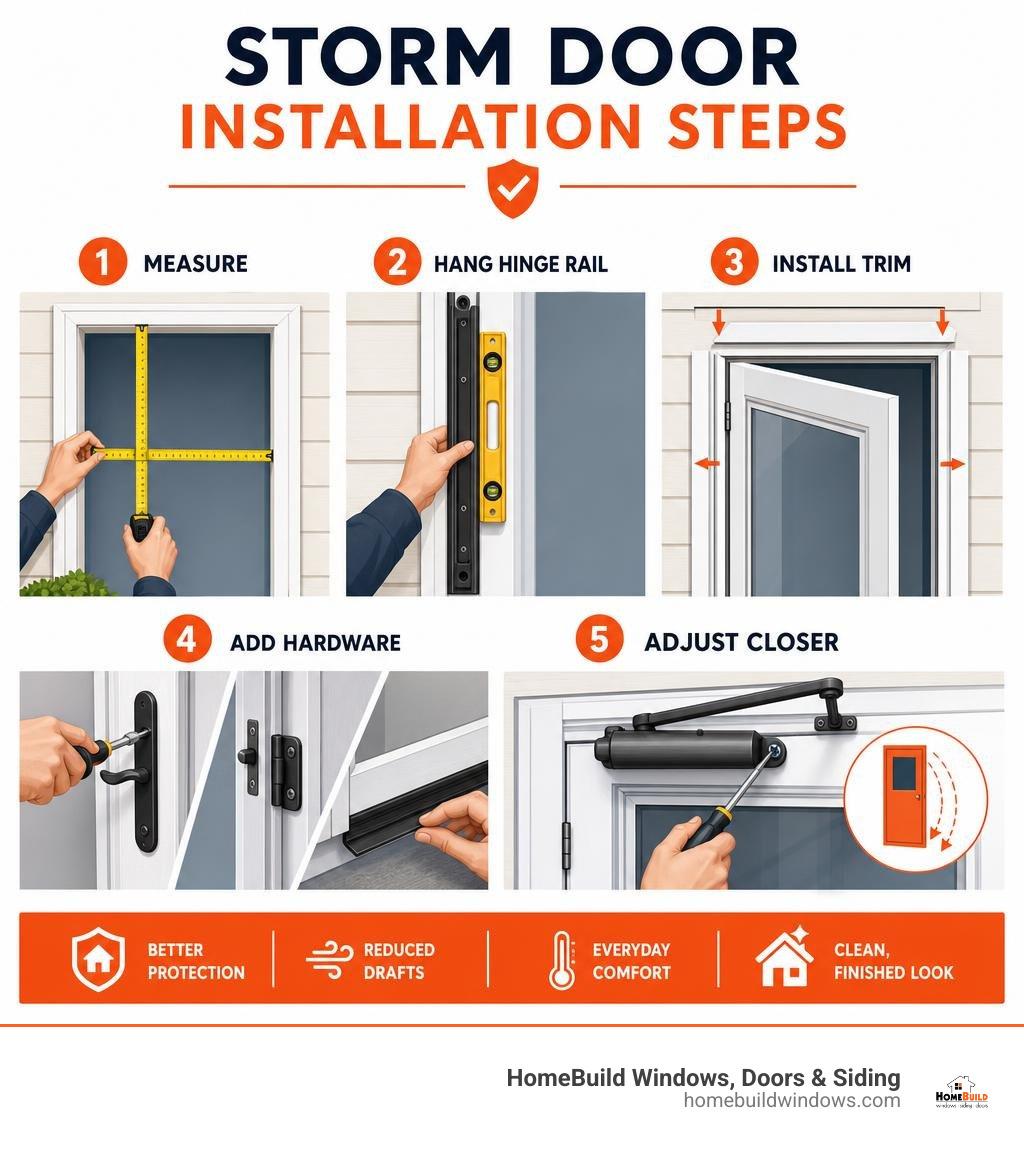 Storm door installation steps: measure, hang hinge rail, install trim, add hardware, adjust closer infographic