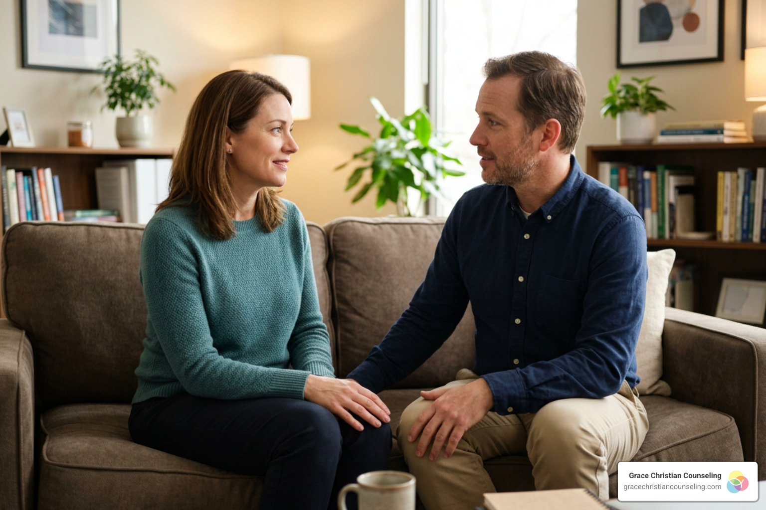 Husband and wife engaging in constructive conversation during marriage therapy