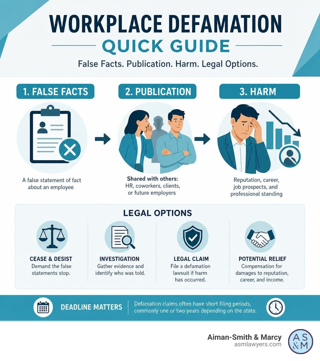 Workplace defamation quick guide showing false facts publication harm and legal options infographic