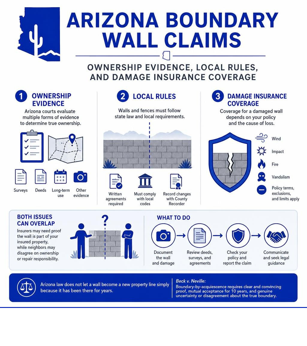 Arizona boundary wall claims: ownership evidence, local rules, and damage insurance coverage infographic Arizona boundary wall claims: ownership evidence, local rules, and damage insurance coverage infographic