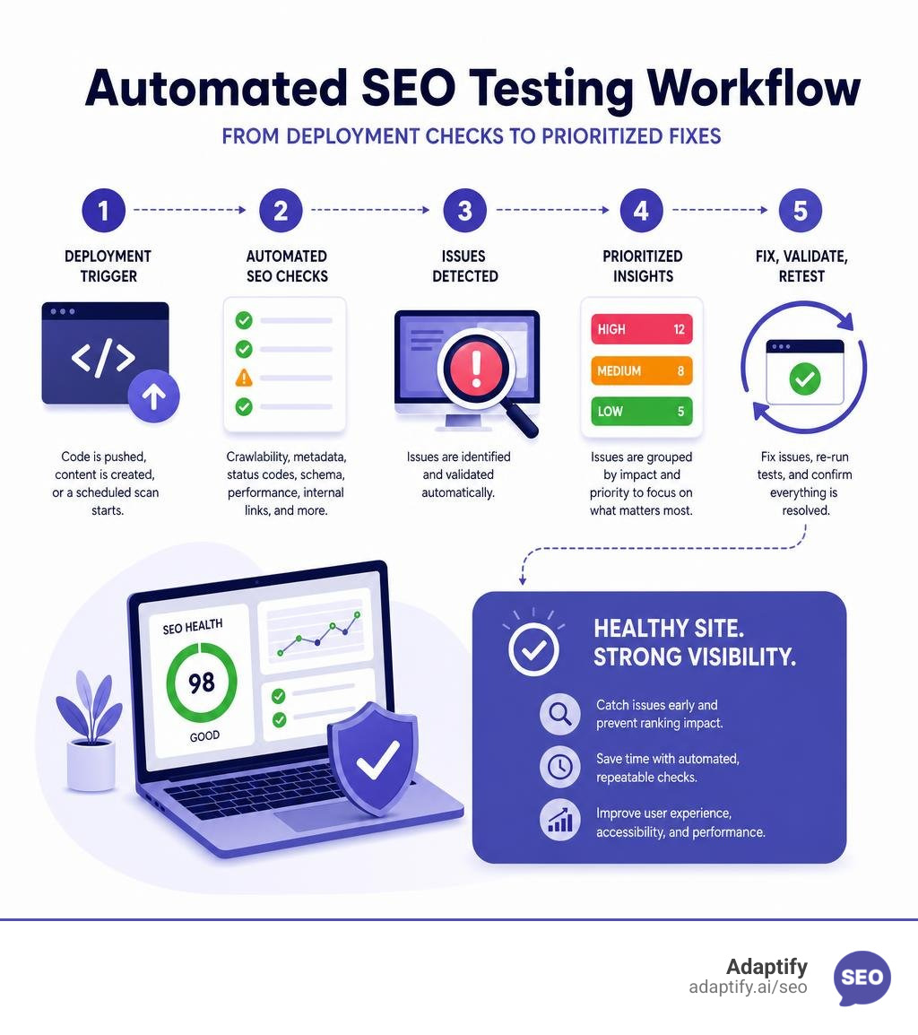 Automated SEO testing workflow from deployment checks to prioritized fixes infographic