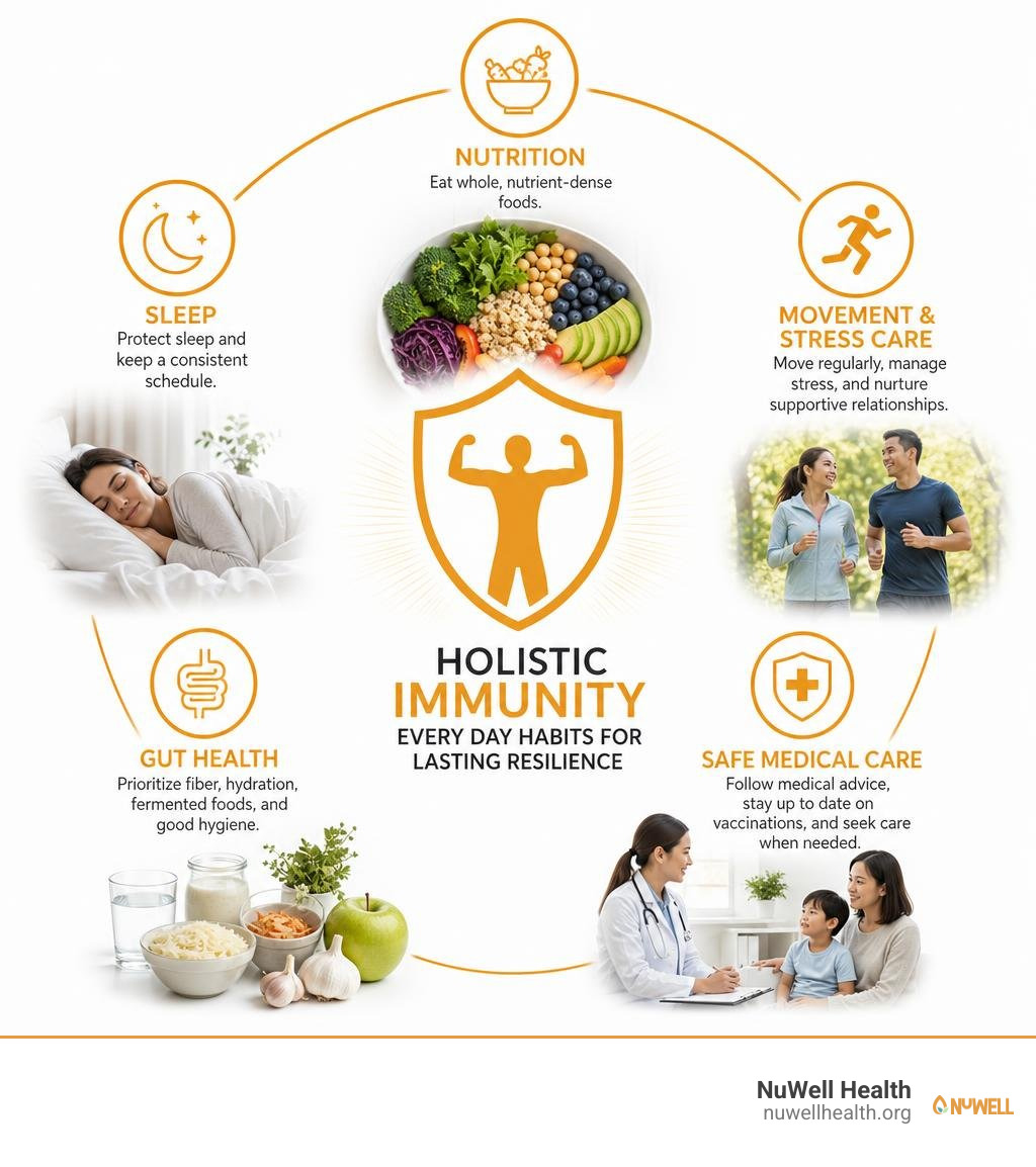 Infographic of nutrition sleep movement gut health and safe medical care for immunity infographic