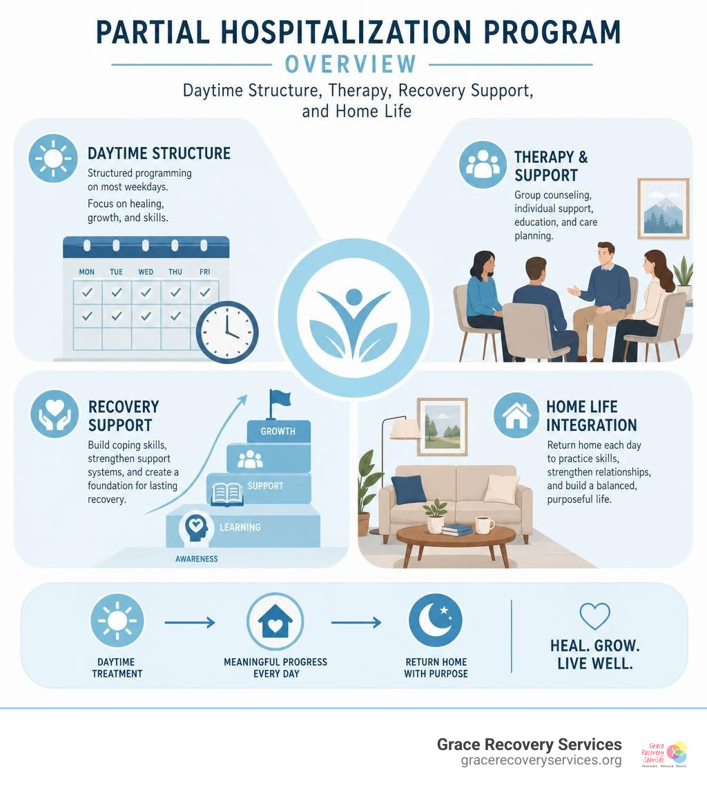 Partial hospitalization program overview: daytime structure, therapy, recovery support, and home life infographic