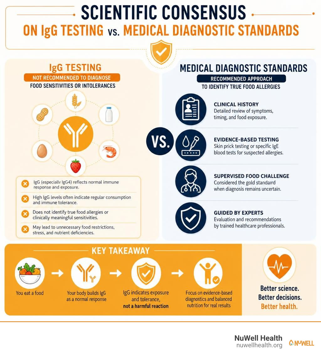 Scientific consensus on IgG testing vs medical diagnostic standards infographic