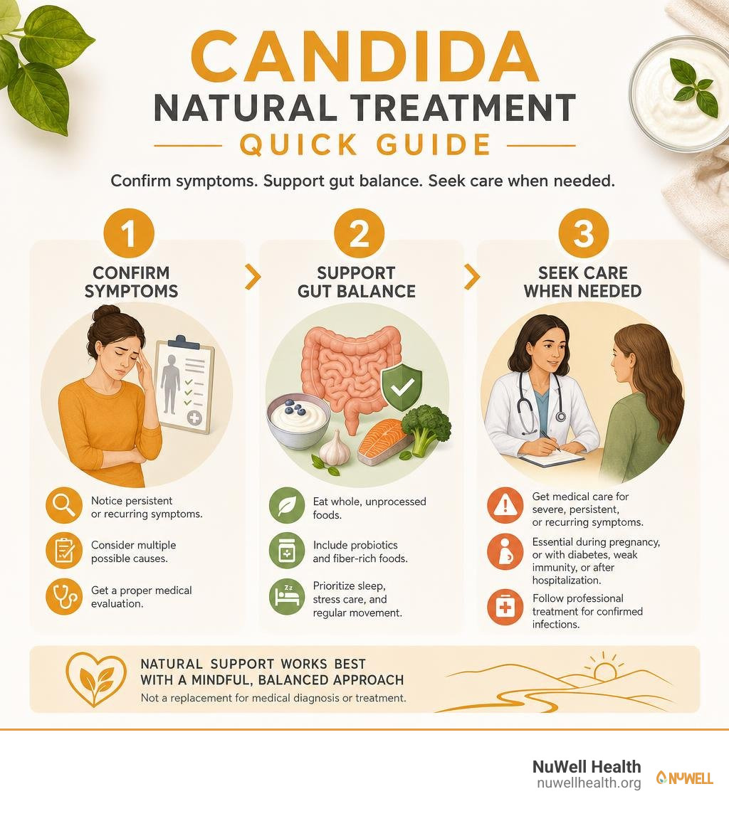 Candida natural treatment quick guide: confirm symptoms, support gut balance, seek care when needed infographic Candida natural treatment quick guide: confirm symptoms, support gut balance, seek care when needed infographic