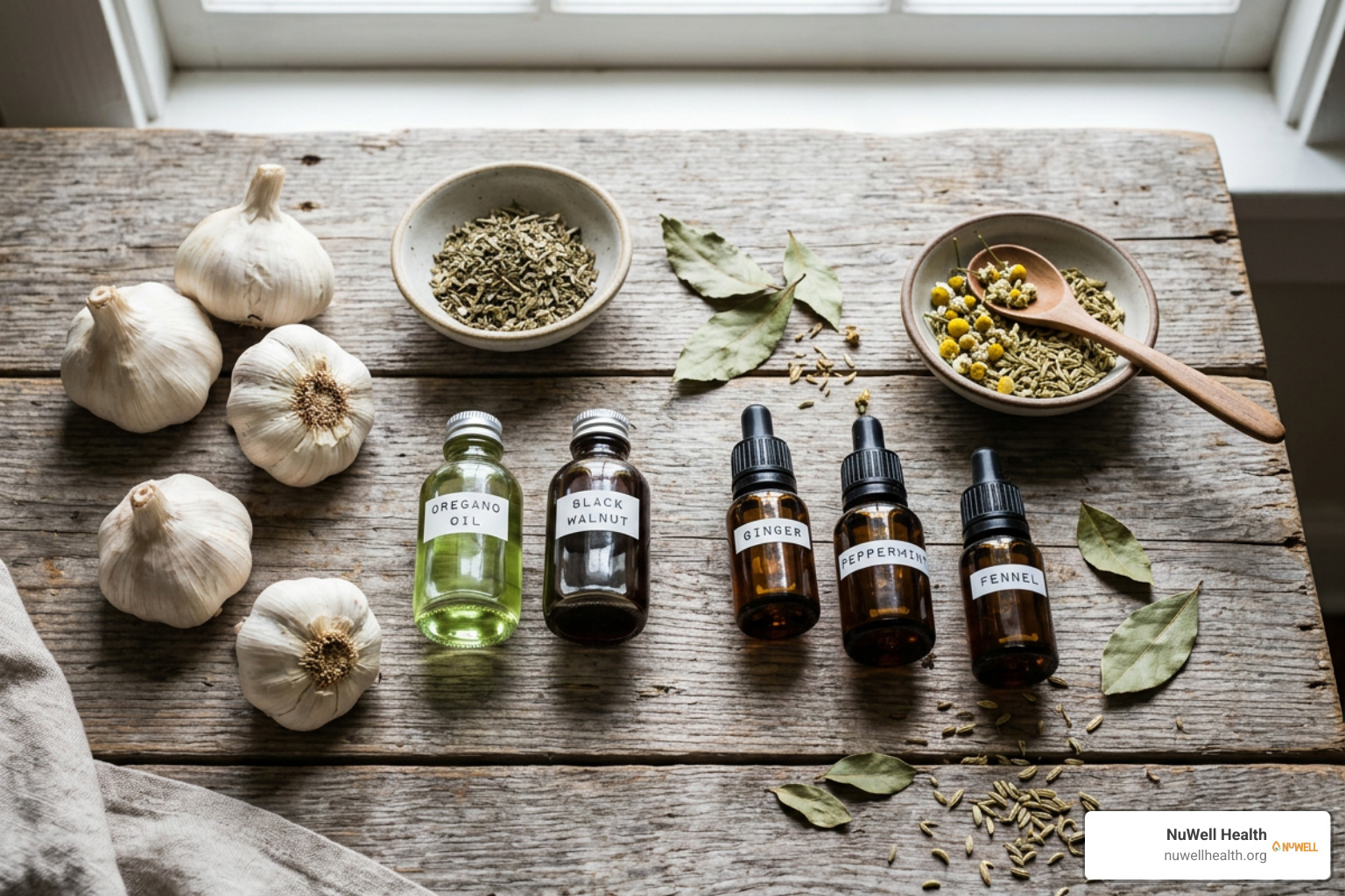 Assorted botanical natural remedies, garlic bulbs, herbal extracts, and essential oils for gut balance Assorted botanical natural remedies, garlic bulbs, herbal extracts, and essential oils for gut balance