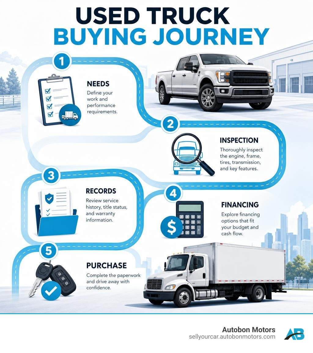 Used truck buying journey: needs, inspection, records, financing, and purchase infographic Used truck buying journey: needs, inspection, records, financing, and purchase infographic