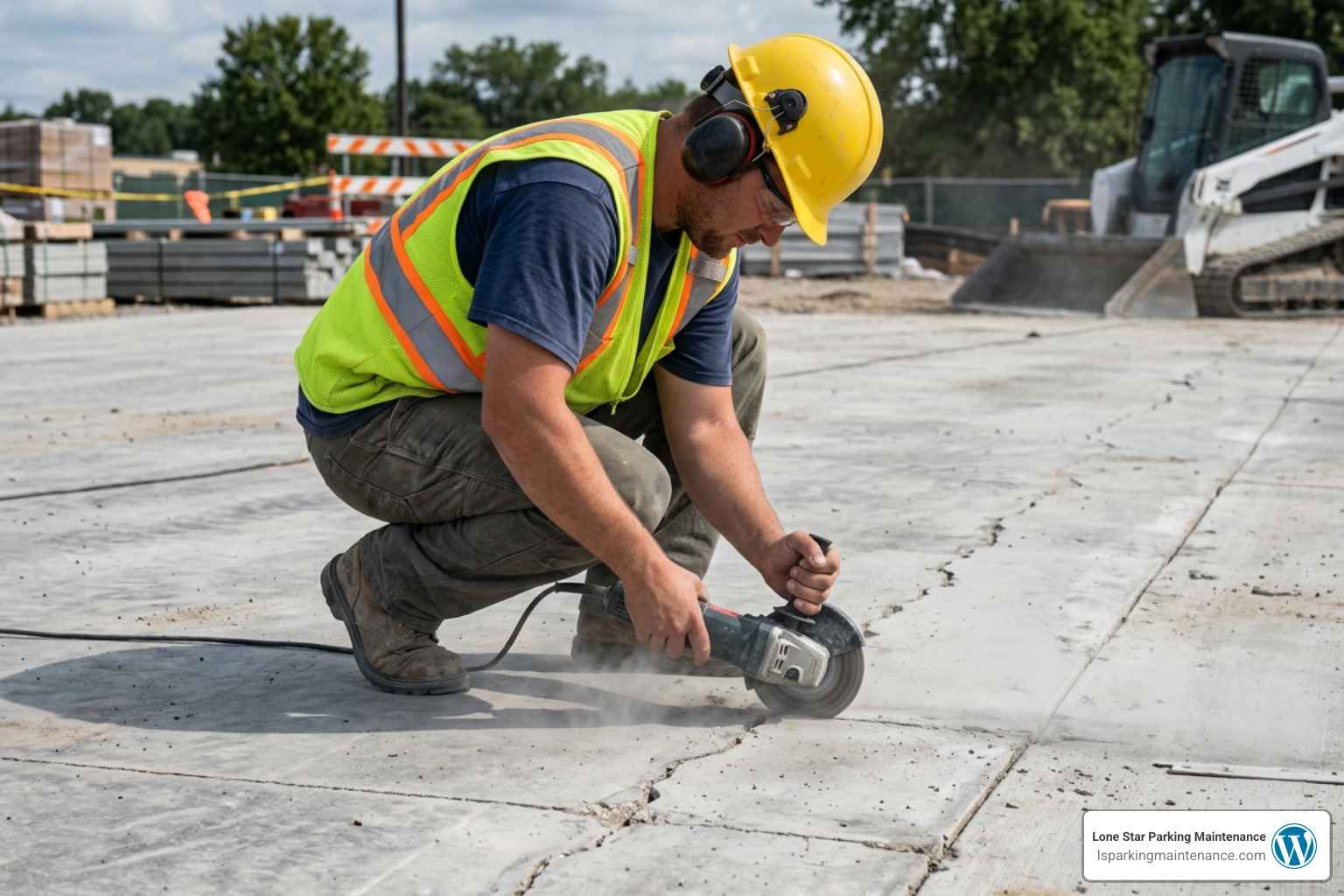 Worker chasing concrete crack with diamond angle grinder