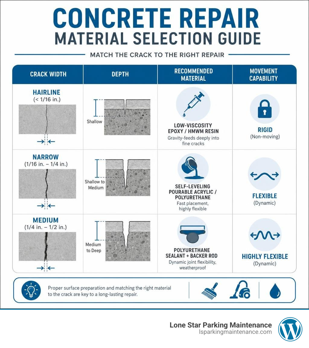 Concrete repair material selection table comparing crack width, depth, and repair material type infographic