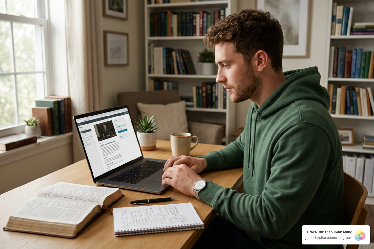 Student engaging in online biblical study and hermeneutics course