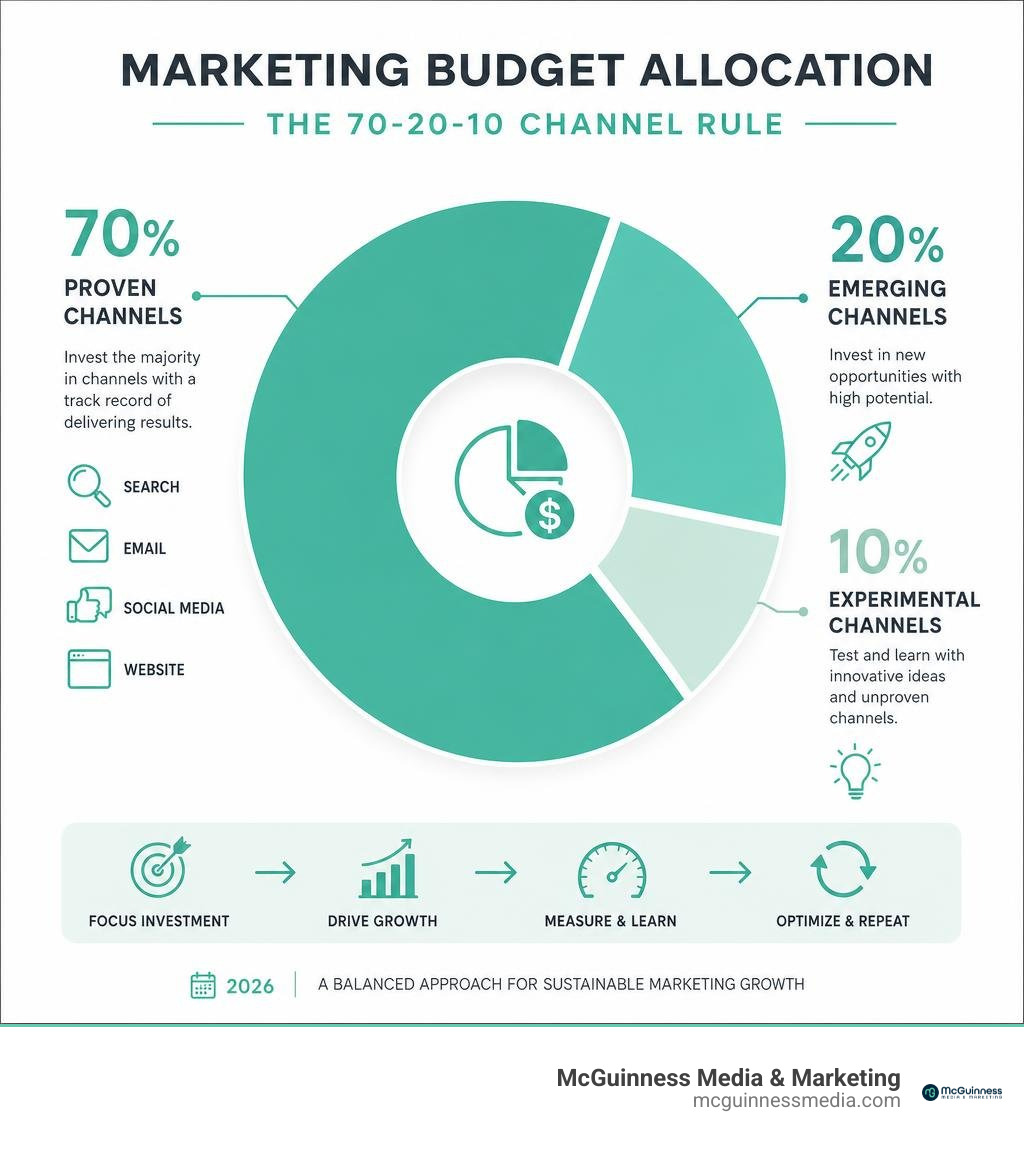 Marketing budget allocation chart showing the 70-20-10 channel rule infographic