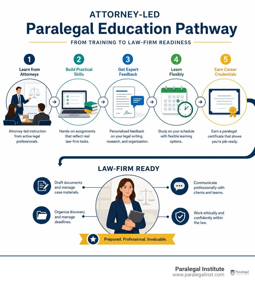 Attorney-led paralegal education pathway from training to law-firm readiness infographic Attorney-led paralegal education pathway from training to law-firm readiness infographic
