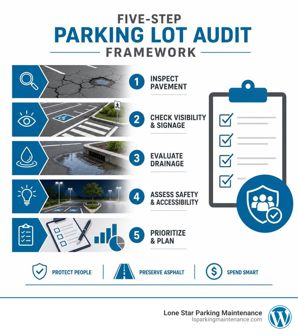Five-step parking lot audit framework infographic Five-step parking lot audit framework infographic