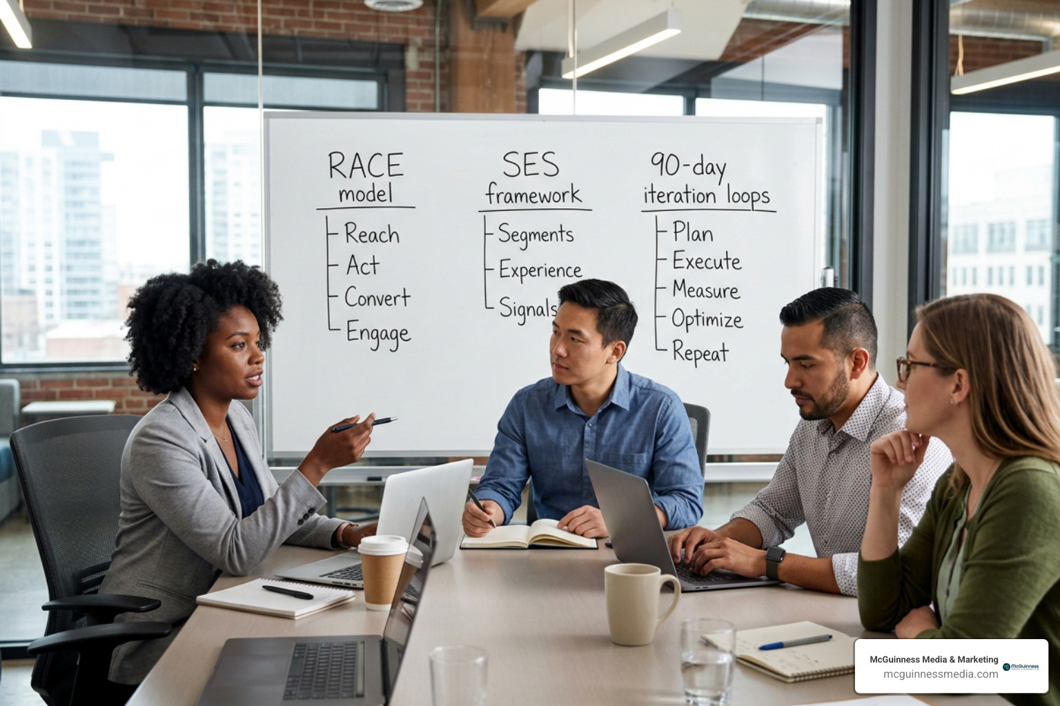 Digital strategy frameworks including RACE model, SES framework, and 90-day iteration loops
