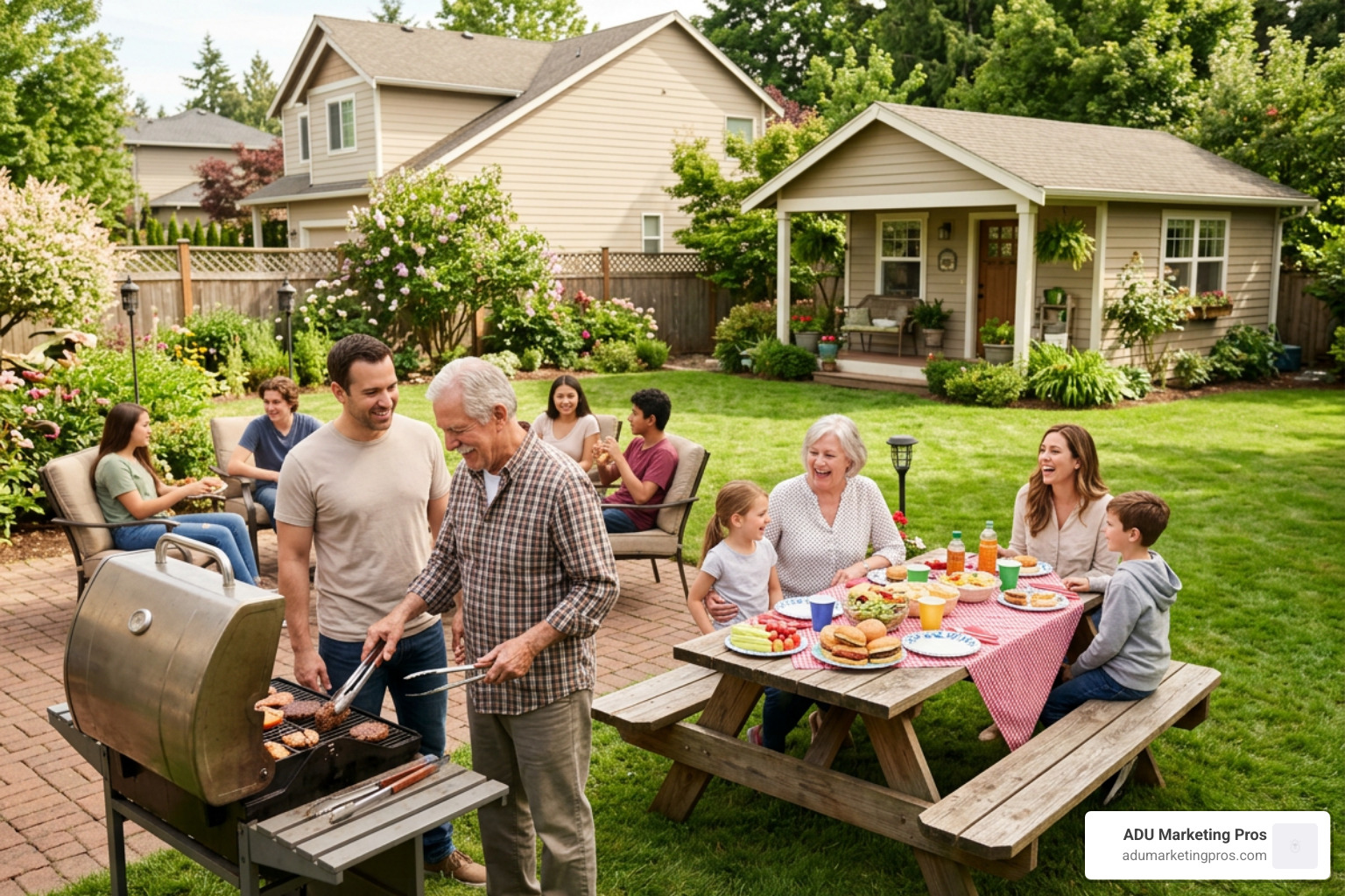 Extended family gathering outdoors in a shared backyard