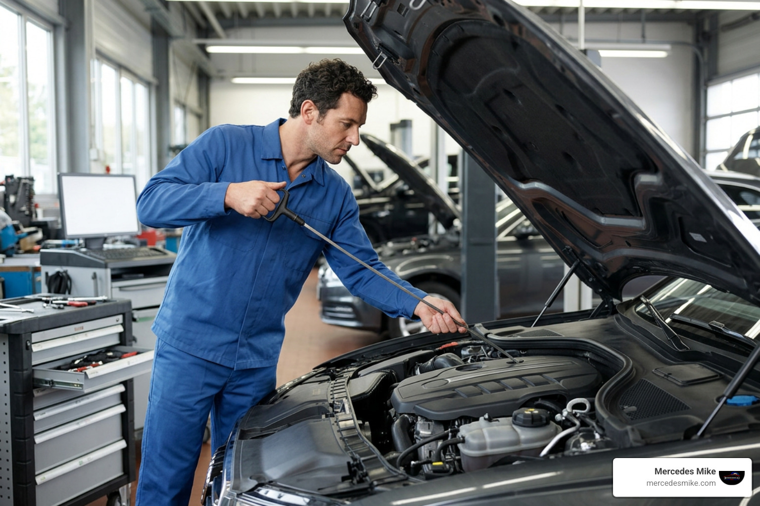 Technician using a specialized dipstick tool to check Mercedes transmission fluid level