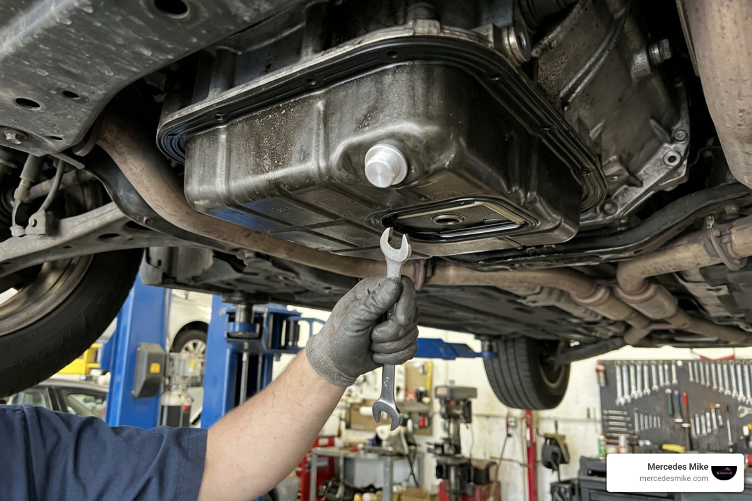 Close-up of transmission pan gasket, filter replacement, and bottom overflow drain plug