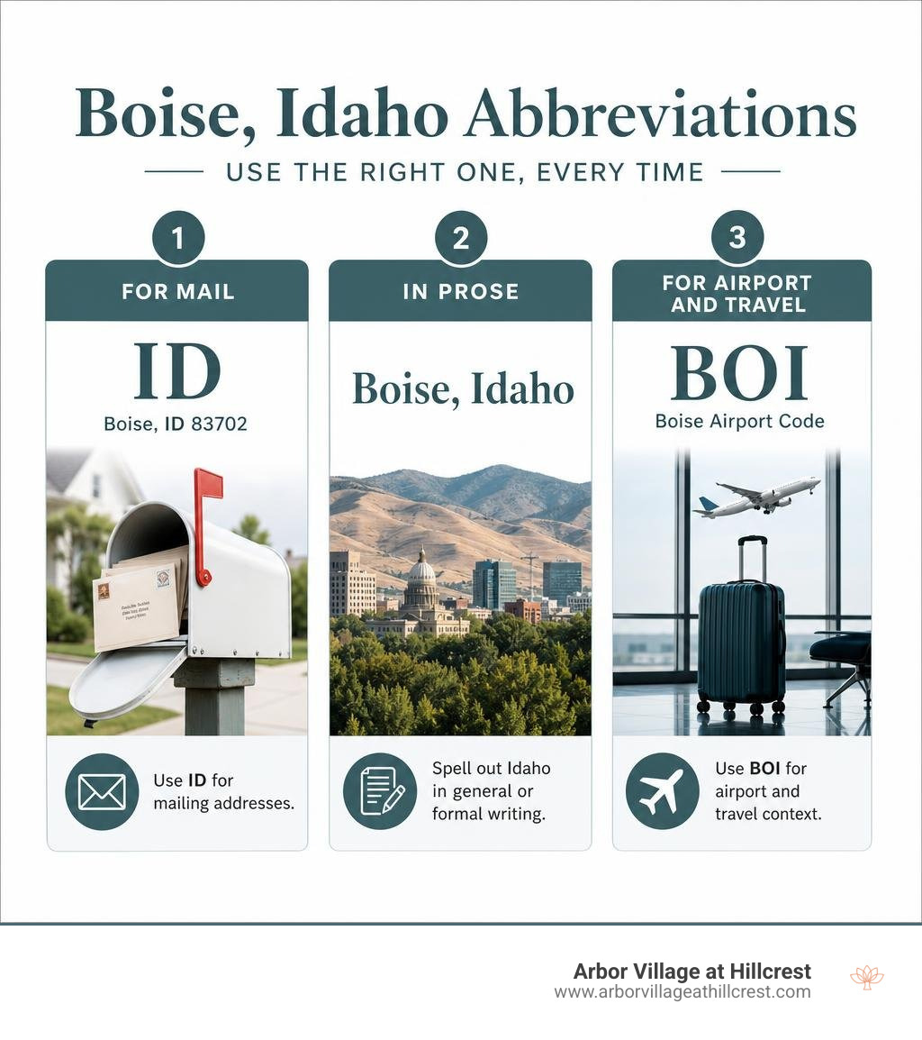 Infographic comparing Boise ID for mail, Boise Idaho in prose, and BOI for airport use infographic