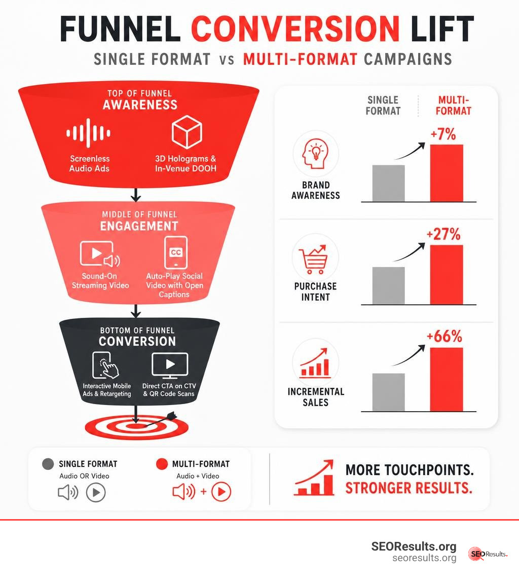 Funnel conversion lift chart comparing single format vs multi-format campaigns infographic Funnel conversion lift chart comparing single format vs multi-format campaigns infographic