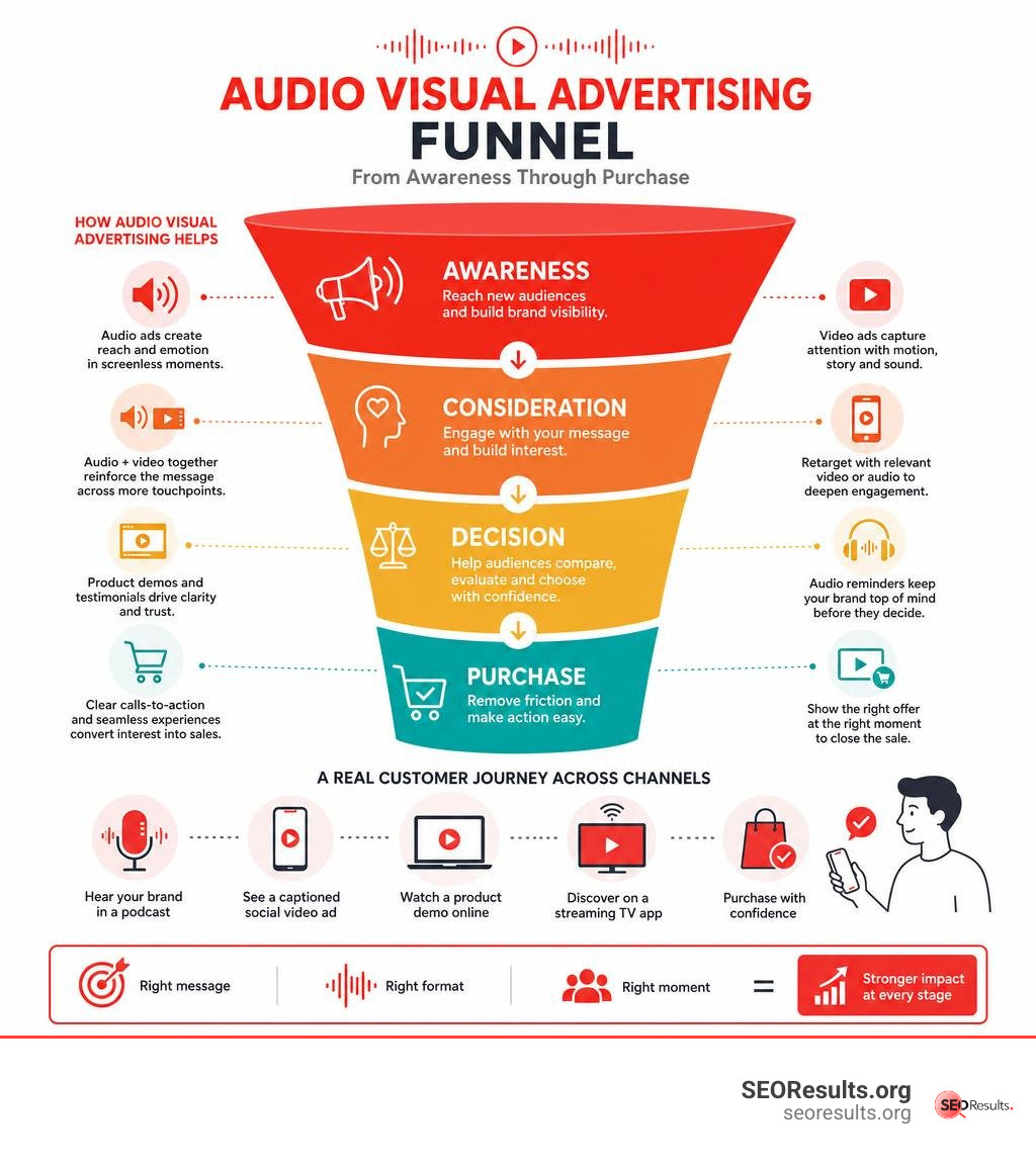 Audio visual advertising funnel from awareness through purchase infographic Audio visual advertising funnel from awareness through purchase infographic