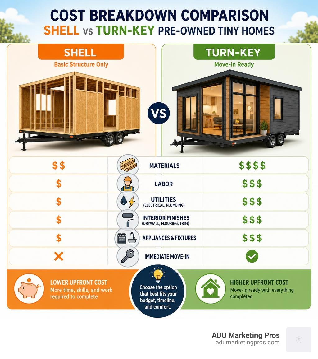 Cost breakdown comparison between shell and turn-key pre-owned tiny homes infographic
