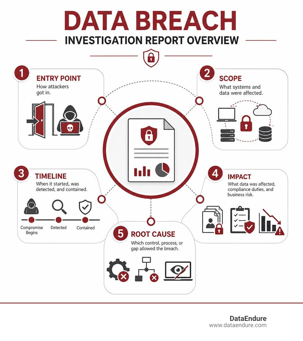 Data breach investigation report overview: entry point, scope, timeline, impact, and root cause infographic Data breach investigation report overview: entry point, scope, timeline, impact, and root cause infographic